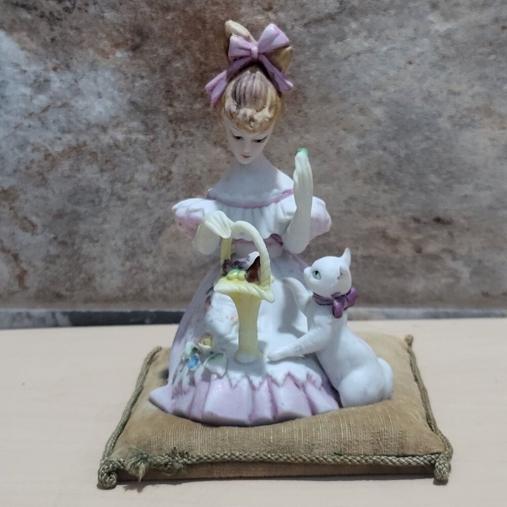 Vintage Lenwile Ardalt Figurine Girl with Cat on Velvet Pin Cushion Pillow